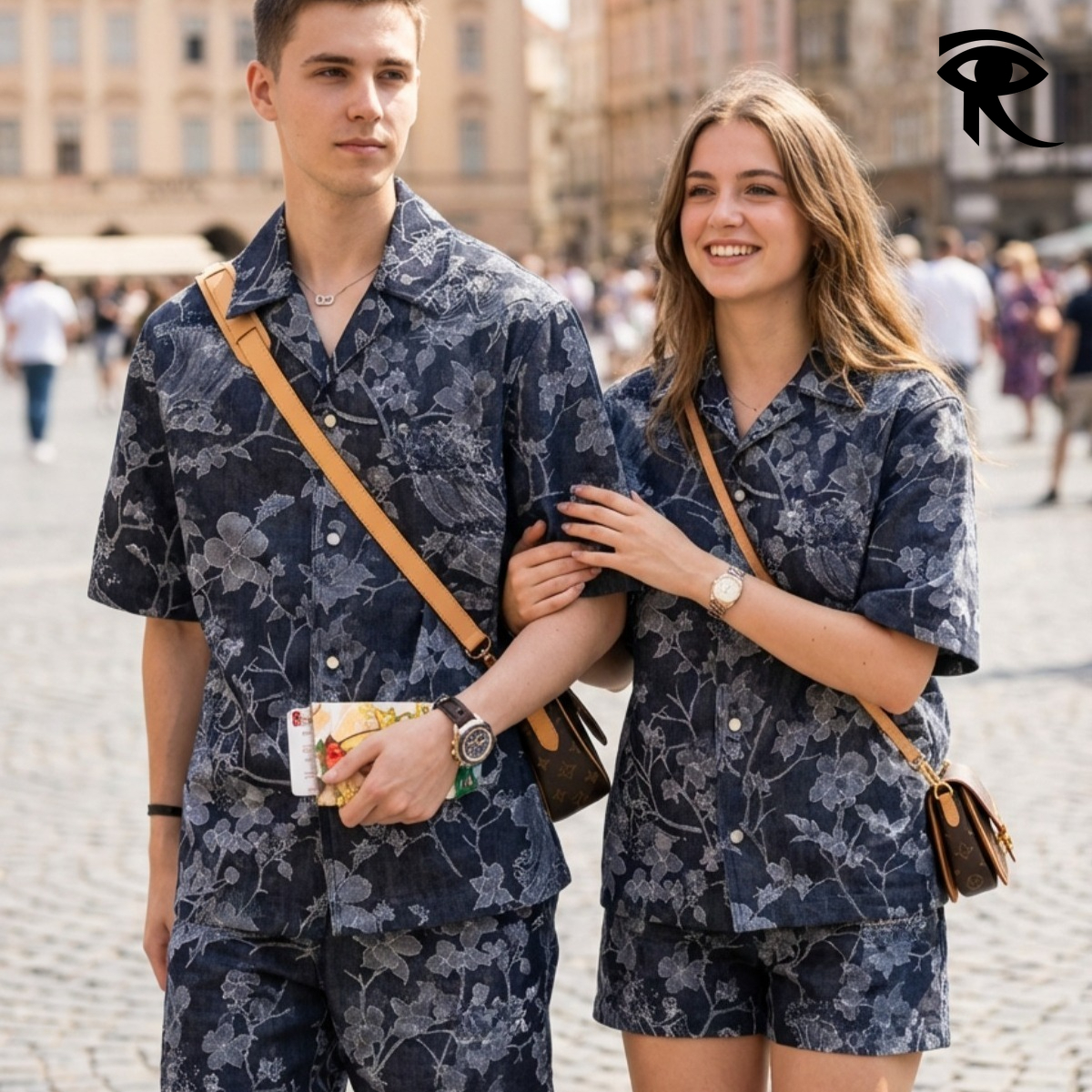 2026 Summer Trendy Floral Print Denim Shirt Shorts Suit for Men Women Original Designer Suit Stylish Unisex Summer Set Floral Denim Relaxed Fit Fact