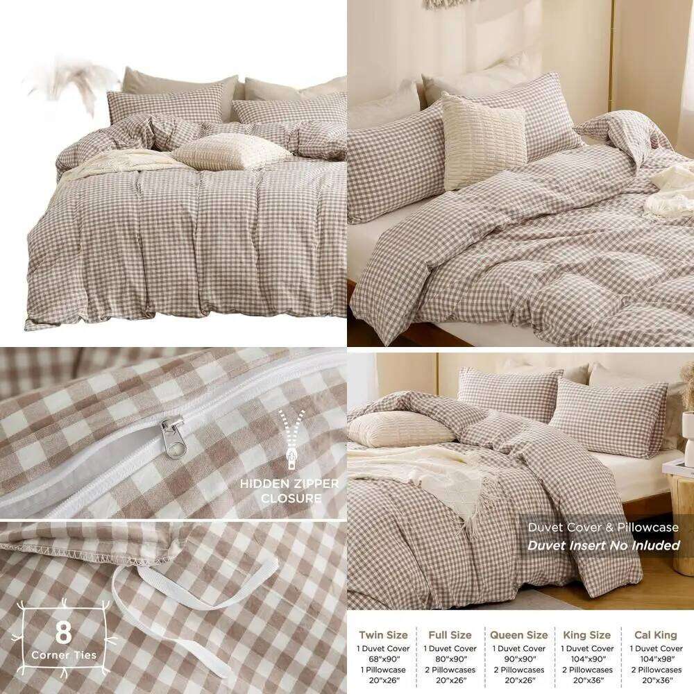 Vintage Brown Plaid Washed Cotton Queen Duvet Cover Set, 100% Soft Linen-Like, 3-Piece, Comforter Not Included W260302-image-1096026991