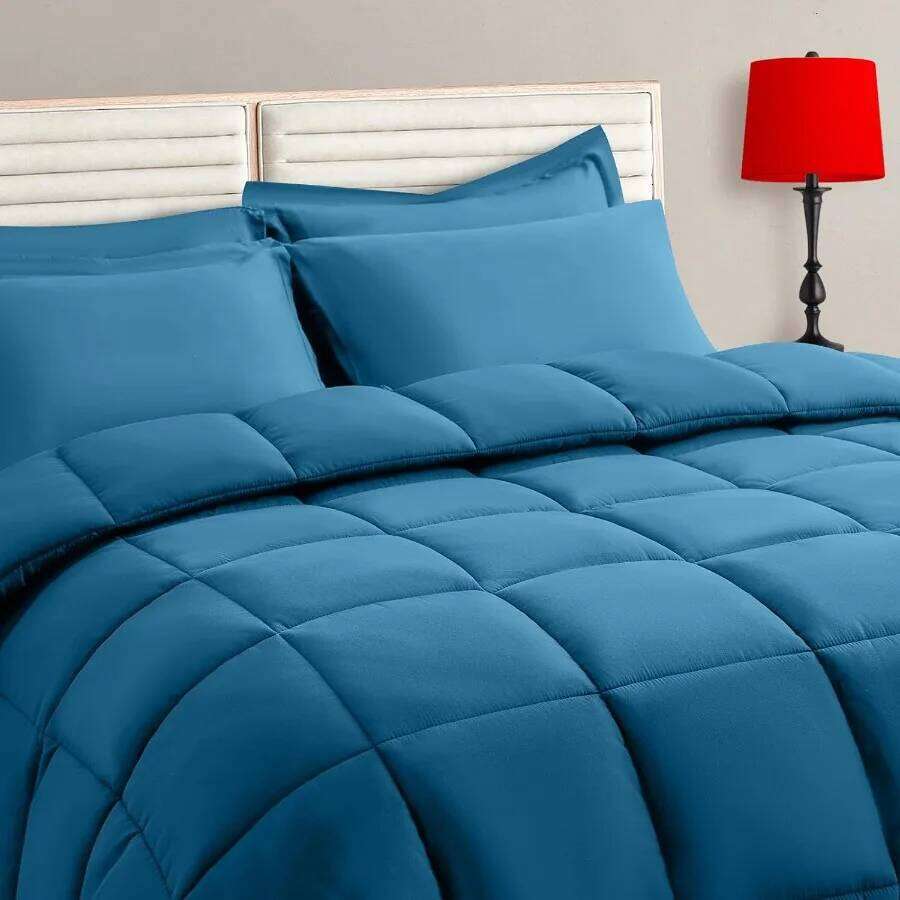 Teal Full Size Set - 7 Pieces Bed in a Bag Bedding with All Season Soft Quilted Warm Fluffy Reversible Comforter Flat W260302-image-1096027097