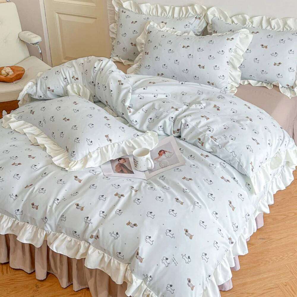 Princess Style Bedding Lace Bed Skirt Small Floral Print Soft Cotton Fabric Four Piece Set Skin Friendly Nude Sleeping Sheet W260302-image-1096027011