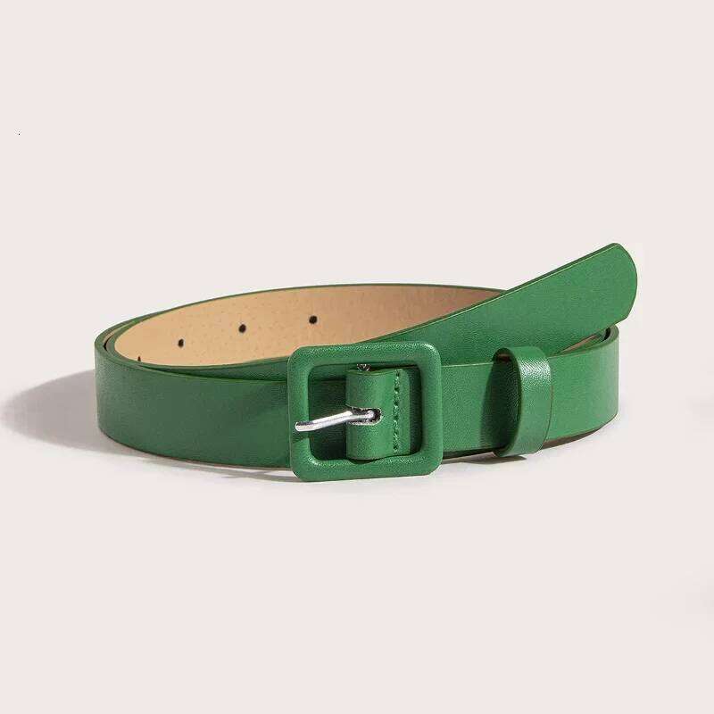 Women's PU Leather Clothing Fashion Square Buckle Belt Casual Pants Accessory White Beige Green XJ260303