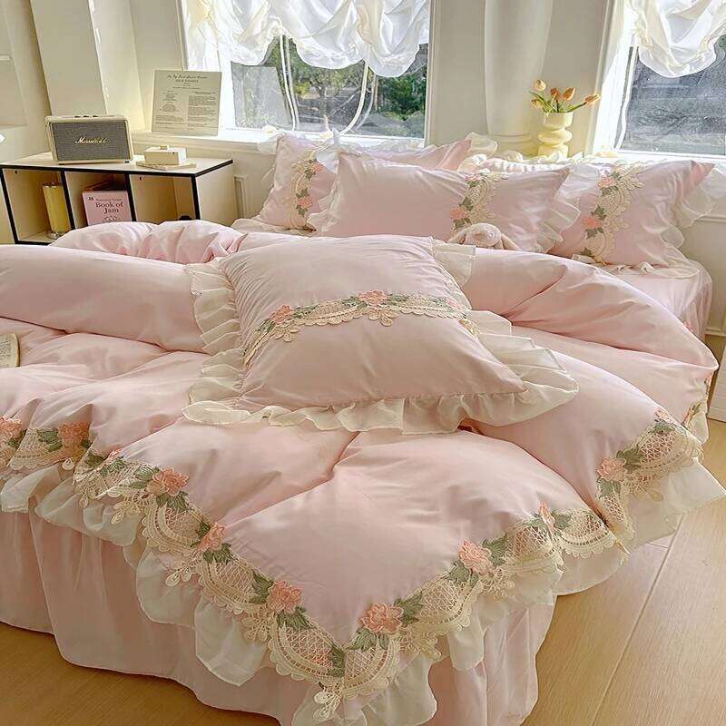 Korean Princess Style Flowers Lace Ruffles Duvet Covers Bed Skirt/Fitted Sheet Pillowcase Bedding For Girls Luxury Home Textiles C260304-image-1096228952