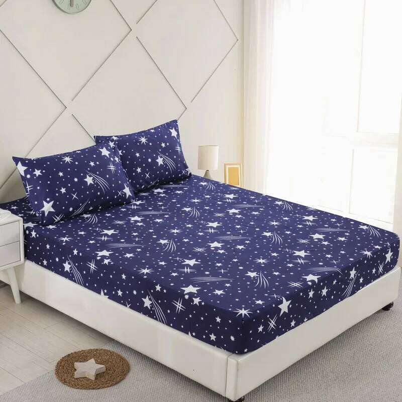 Twinkle Star Set for Boy Girl Room Decor Mystery Galaxy Meteor Fitted Sheet Soft Dark Blue Bed Cover with 2 Pillowcase C260304-image-1096247563