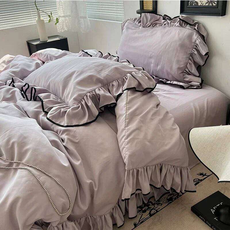 Summer Washed Satin Silky Bedding Set of 4 Pieces Princess Style Lace Bedclothes for Adults Solid Color Cooling Comforter Sets C260304-image-1096229176