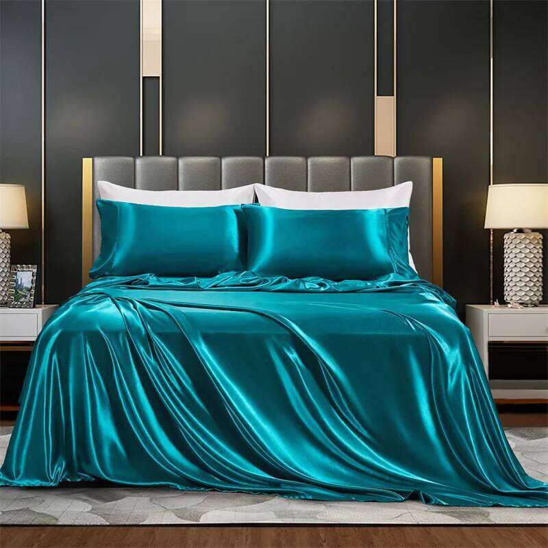 Summer Luxury Satin Silk-like Bed Set Flat Sheet/Fitted Sheet + Pillowcase Solid Color Mattress Cover Twin Full Queen C260304-image-1096241982