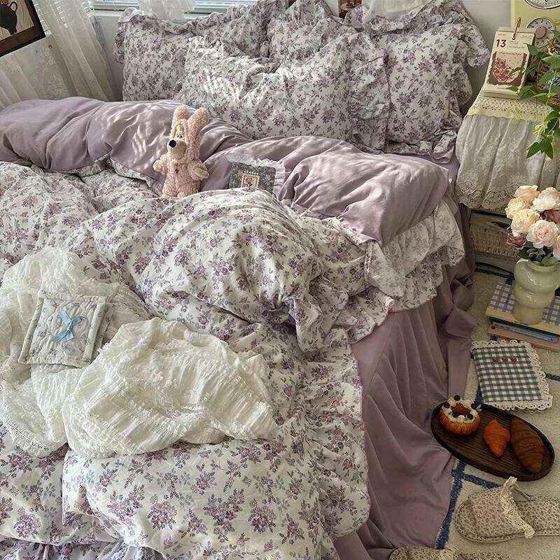 3/4Pcs Korean Princess Style Floral Ruffles Bedding Skin-friendly Soft Duvet Cover Set Sheet Or Bed Skirt Pillowcases C260304-image-1096215662