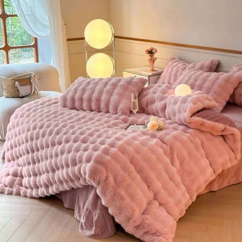 2024 new solid color colorful four-piece set, rabbit fur and one side of milk wool thickened warm C260304-image-1096232309