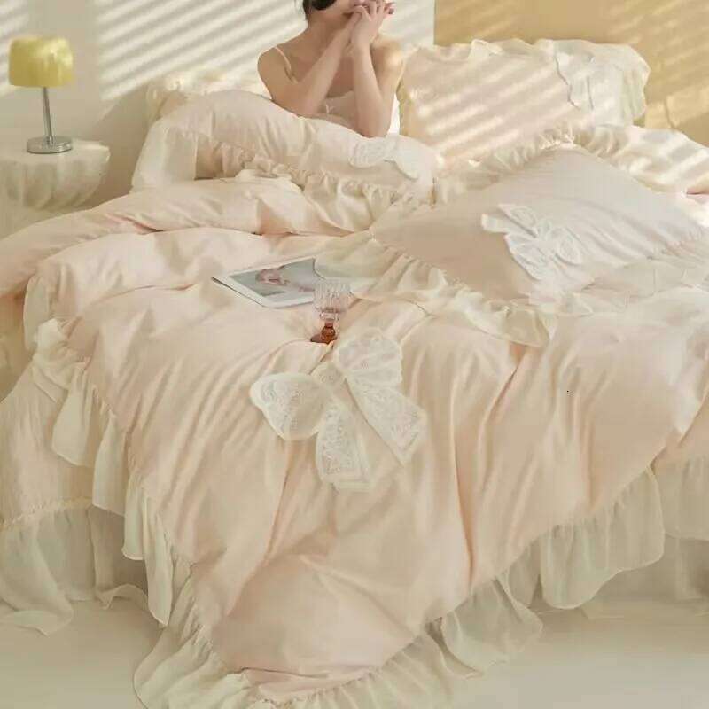 French Princess Style Bedding Sets Ruffle Lace Bow Quilt Romantic Bedclothes Decor Woman Girls Bedroom Duvet Cover 4pcs C260304-image-1096246596