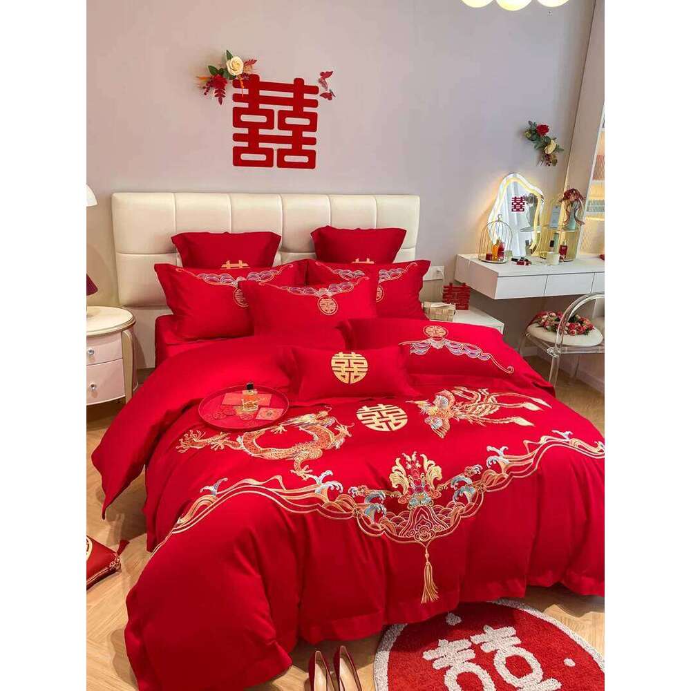 4Pcs Chinese Style 100% Cotton Wedding Red Dragon And Phoenix Embroidery Bedding Duvet Cover 200x230 220x240 Four Seasons C260304-image-1096236717