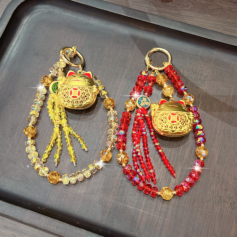 Lucky Fortune Cat Crystal Tassel Keychain Alloy Beaded Key Ring Feng Shui Charm Bling Car Bag Pendant Fashion Jewelry Gift For Women Girls-image-1104243358
