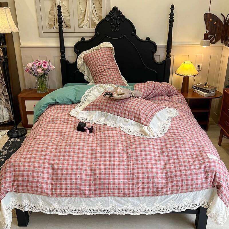 Vintage Plaid Pure Cotton double-layer yarn four-piece set French lace Bedding Set Duvet Cover Pillowcases Flat/Fitted Bed Sheet C260304-image-1096225146