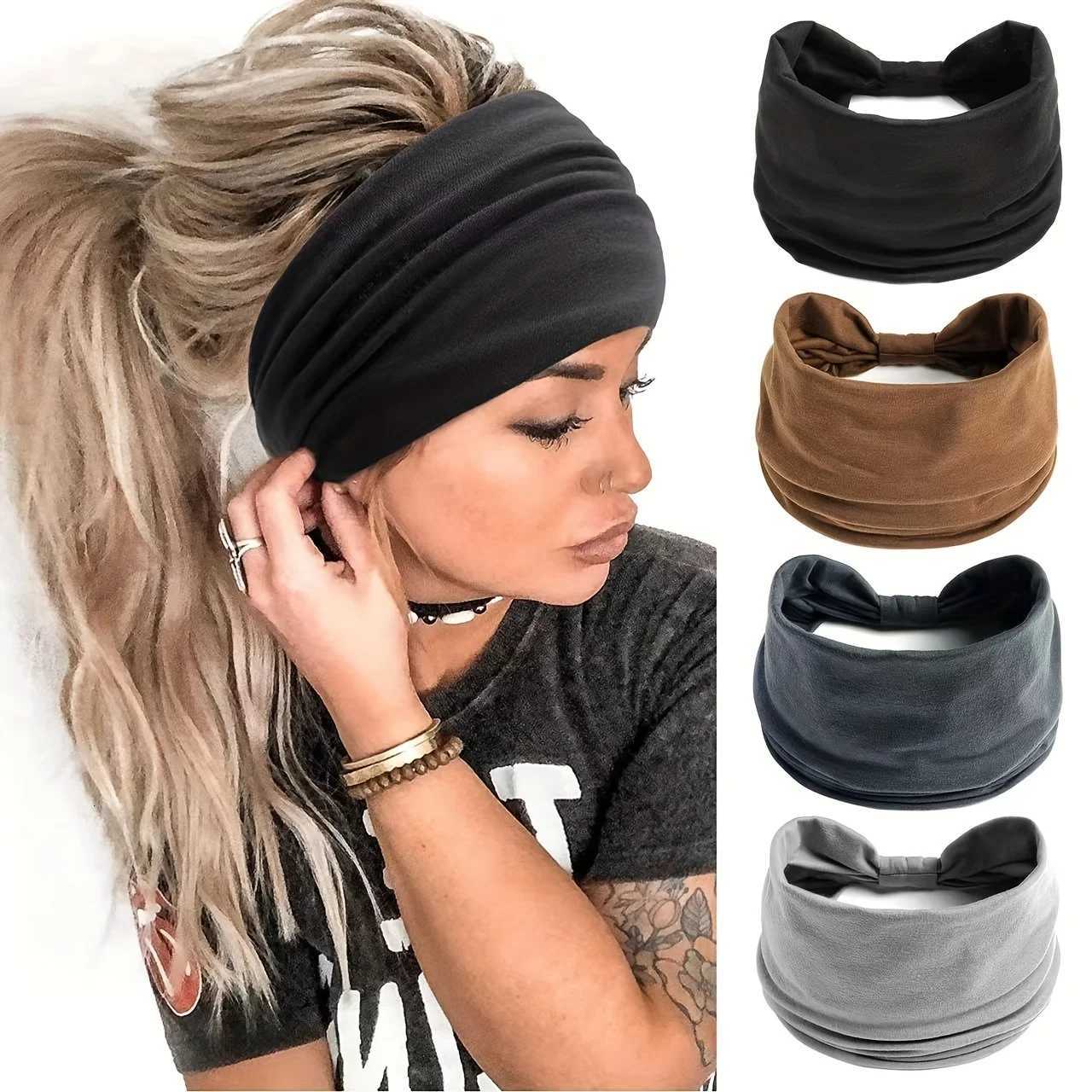 Womens Wide Headband Solid Color Polyester All-Season Stretchy Hair Wrap Bohemian Thick Sports Yoga Turban Headband Accessory H260304-image-1096240843