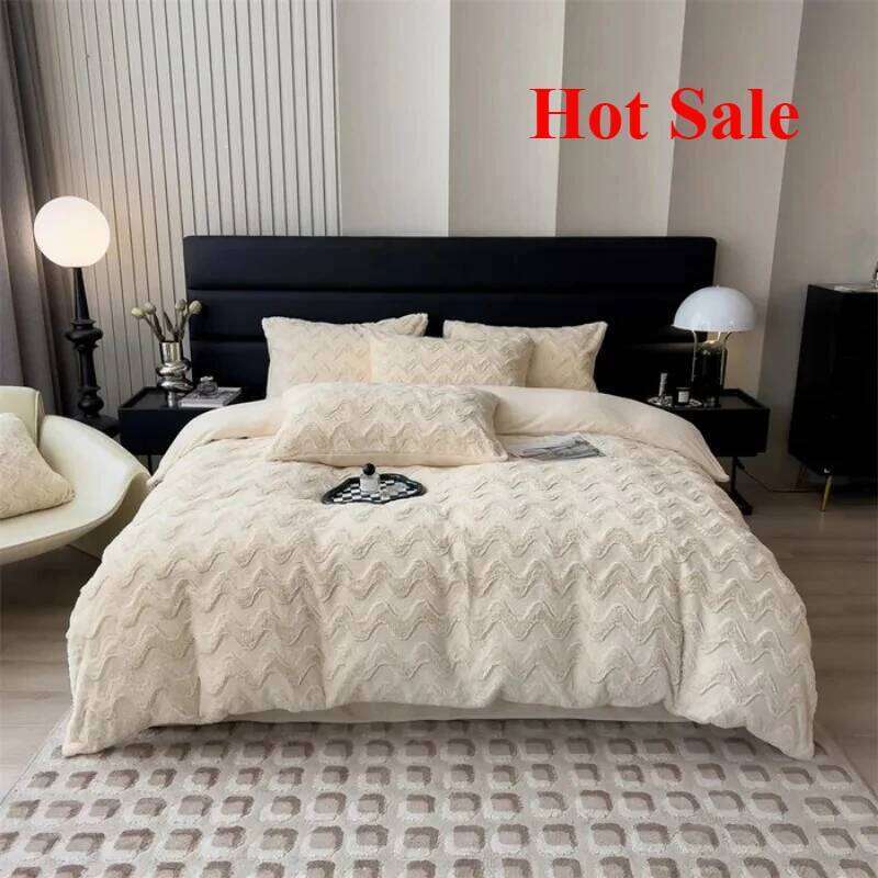 2025 New Autumn and Winter Simple Thickened Warm Wave Rabbit Fleece Four-piece Set - Bordeaux Series Sheet C260304-image-1096236508