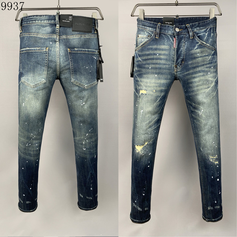 Free shipping Mens Casual Blue Jean Pants Featuring Fashionable Rip Detailing Vintage Style Torn Blue Jeans: Modernized Retro Fit for Guys
