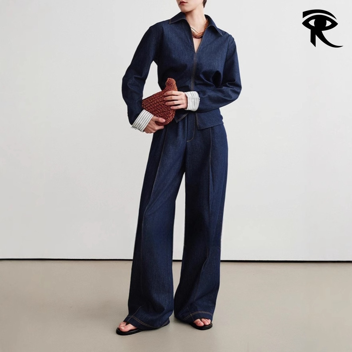2026 Spring Trendy Original Color Denim Waist Slimming Long Sleeve Shirt Loose Jeans Pants Denim Suit Original Designer Suit Factory Direct Sale