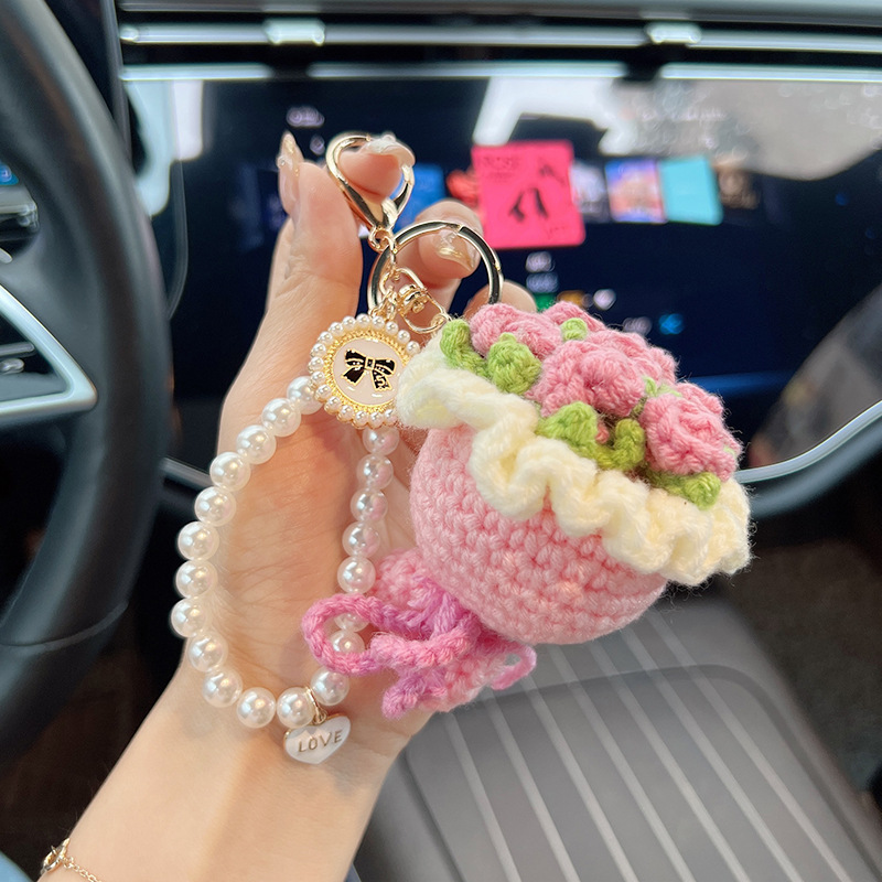 Porte-clés en laine tricoté à la main, Bouquet de fleurs, créatif, fleur à main, pour voiture, mignon, breloque pour sac, pendentif, cadeau chaud