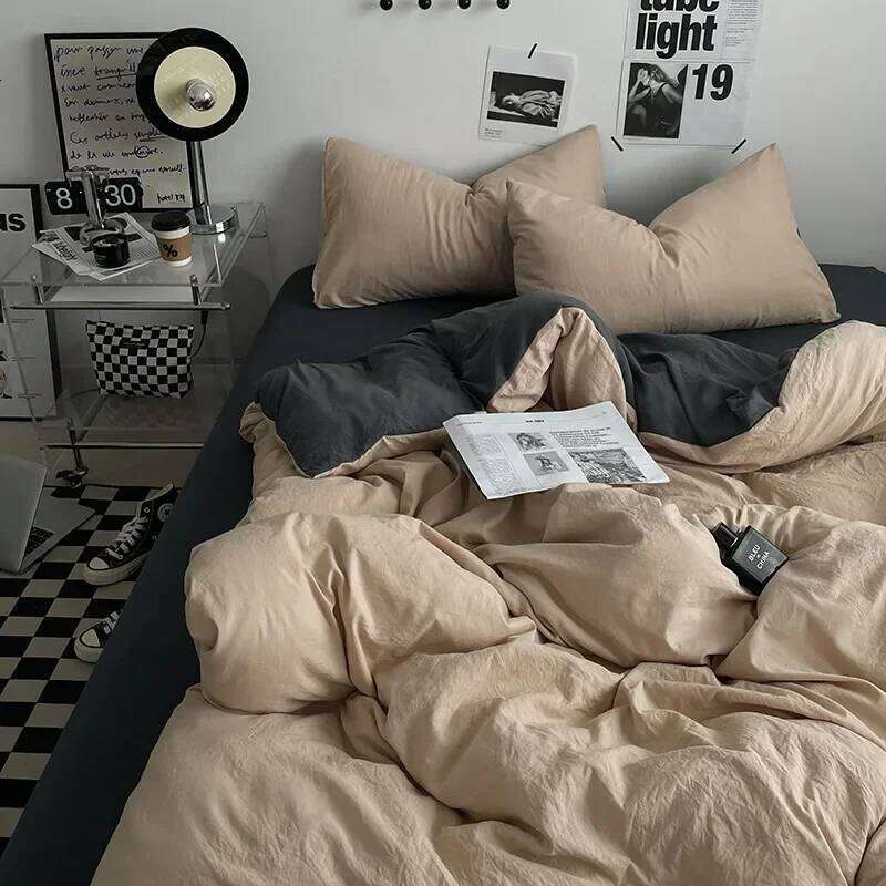 3-4Pcs Cotton Fabric Bedding Set Solid Soft Smooth Bed Sheet Comforter Cover Sets with Fixed Rope Same Color Pillowcase C260304-image-1096244439