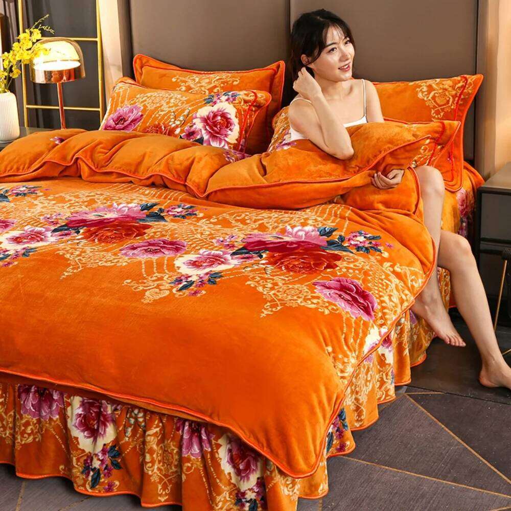 Milk Bedding Set Home Winter Warm Four-Piece Sets Double-Sided Thickened Flannel Quilt Cover Sheet Coral Velvet Bed Skirt C260304-image-1096241040