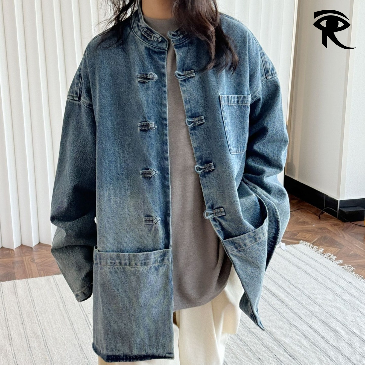 2026 Spring Premium Unisex Chinese Style Denim Shirt Man Women Handcrafted Pankou Frog Closure Oversized Washed Denim Shirt Original Designer Tops W