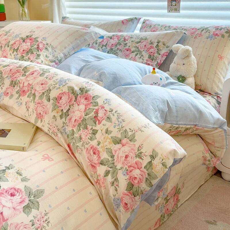 Elegant Floral Cotton Duvet Cover Set Watercolor Flowers Striped Pattern Comforter Covers 3 Pieces Soft Breathable Bedding Sets C260304-image-1096235539