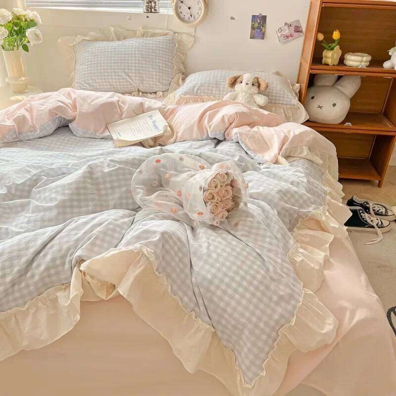Korean Grid Printed Bedding Set with Lace Washed Cotton Skin Friendly Cozy Comforter Cover Sets Single Double Queen Bedclothes C260304-image-1096247307