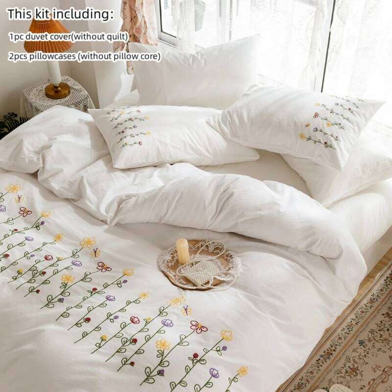 3pcs Embroidery Duvet Set 1*Duvet Cover + 2*Pillowcase, Without Core, Fresh Flower Print Bedding Set, Soft Comfortable C260304-image-1096242534
