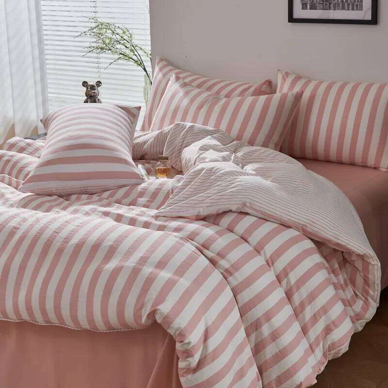 4Pcs Washed Microfiber Vertical striped colorful Bedding Set, Sweet Style Soft Duvet Cover with Zipper Flat Sheet Pillowcases C260304-image-1096238848
