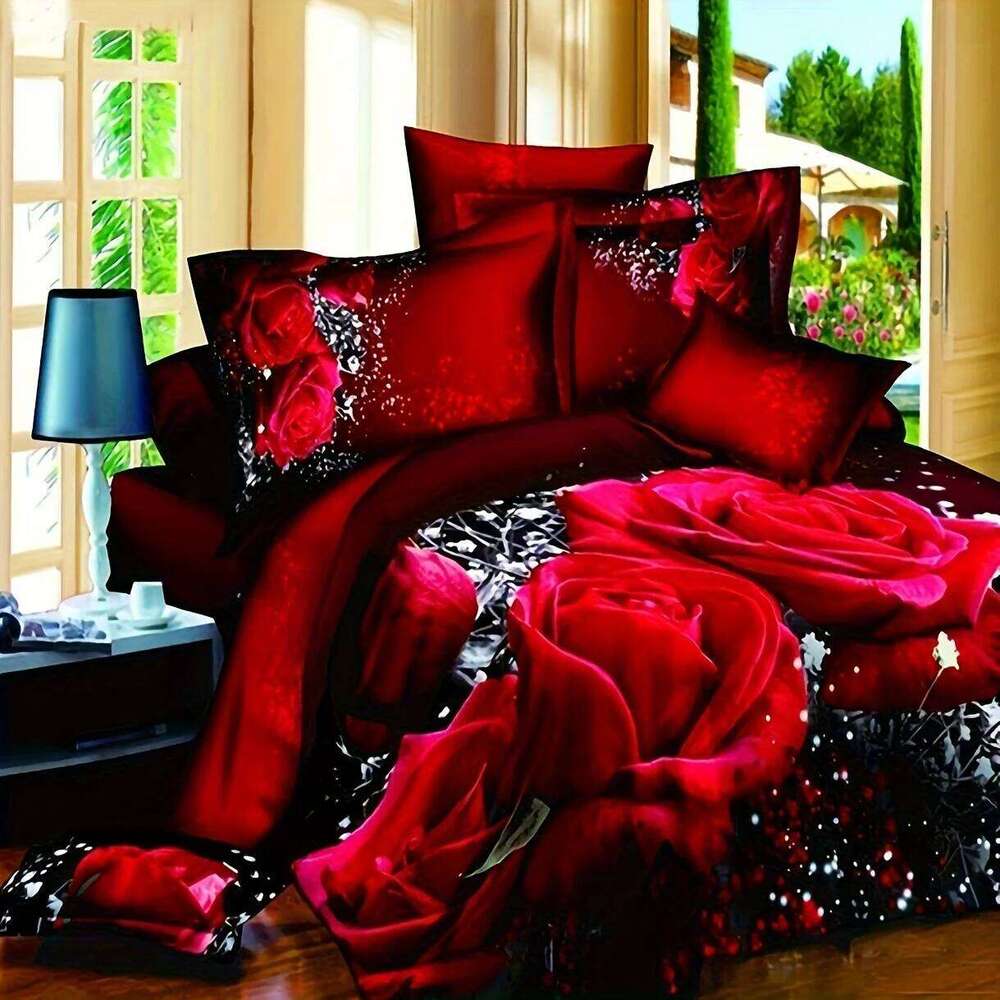 2/3pcs Red Rose Print Bedding Set, Soft Comfortable Duvet Cover, 1*Duvet Cover + 1/2*Pillowcase, Without Core C260304-image-1096241722