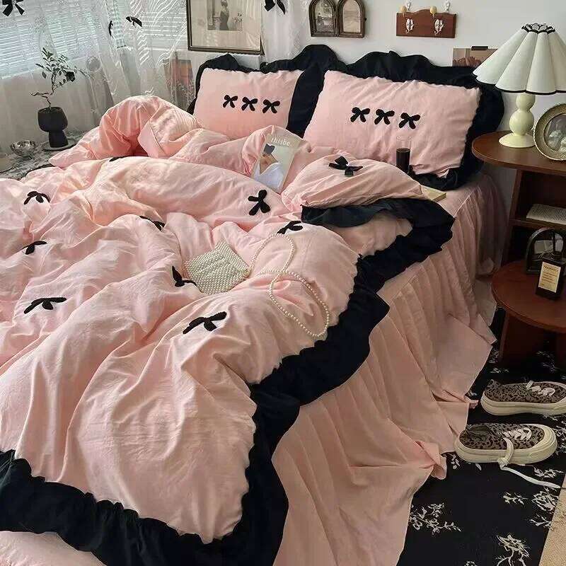 Ins Girl Bow Lace Washed bedding Set Cotton duvet 4 piece pillowcase with bed line Bed Skirt comforter cover set C260304-image-1096237626