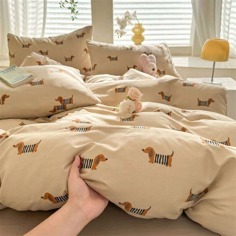 Cute Dog Printed Duvet Covet Set Brown Color Comforter Cover with Pillowcase for Kids Single/Queen/King housse de couette Full C260304-image-1096221647