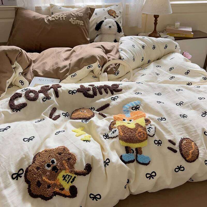 Cartoon Animal Embroidery Bedding Set For Adults Kids Cute Flat Fitted Sheet With Pillowcases Washed Cotton Colorful Full Size C260304-image-1096230225