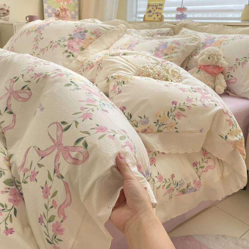 3ps Thickened Plant Floral Duvet Pink Bow Design Girl Woman Bedroom Bedding Set Colored Flowers Home Comforter Cover C260304-image-1096245864