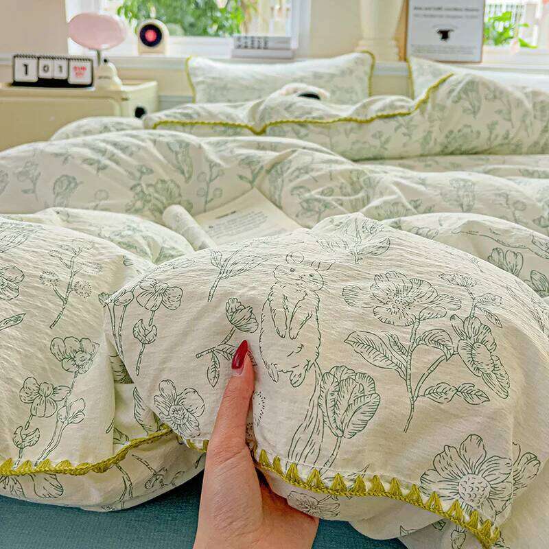 Flower Printed Duvet Sets Queen/King Bedding with Shell Edge Washed Cotton dekbedovertrek 240x220 Bed Cover Set C260304-image-1096257935