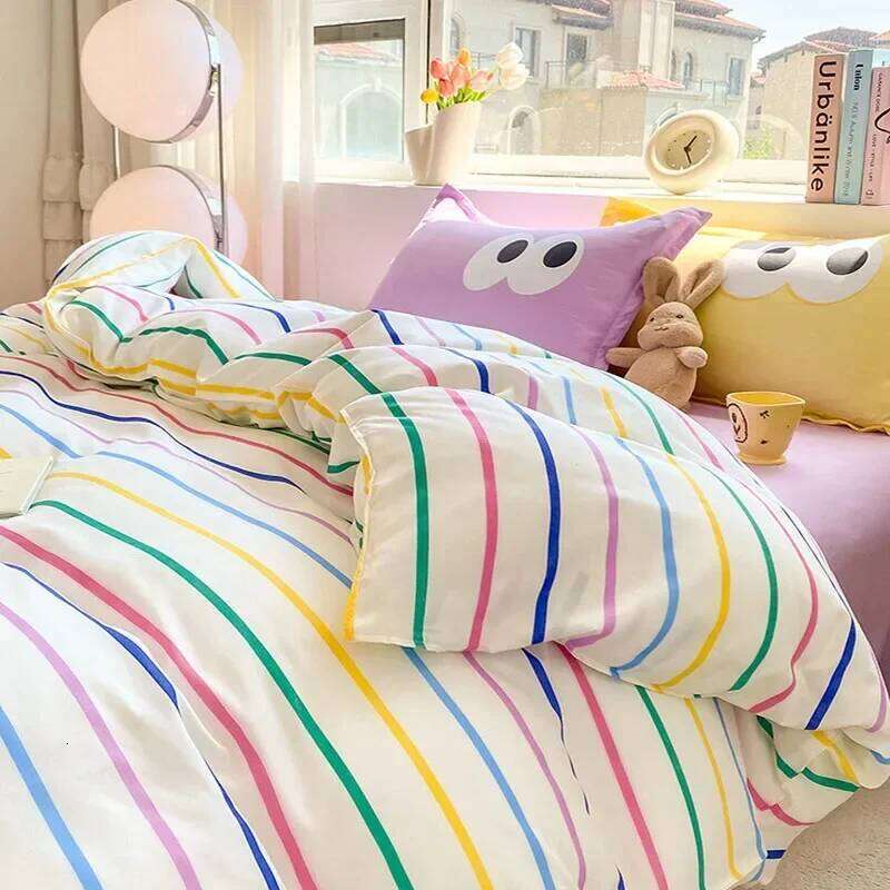 New Cartoon Striped Printed Bedding Sets Aloe Cotton Skin Friendly Breathable Comforter Cover Set Twin Double Size Bed Linens C260304-image-1096250890