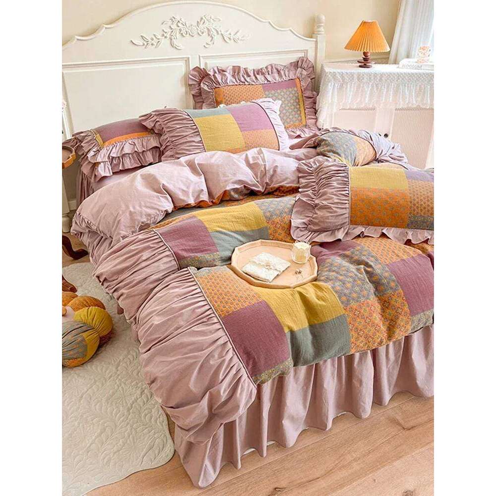 Four-Piece Set Bed Skirt Stitching Printing and Dyeing Household Bedding French Retro Plaid Cotton Thickened Warm Autumn Winter C260304-image-1096260495