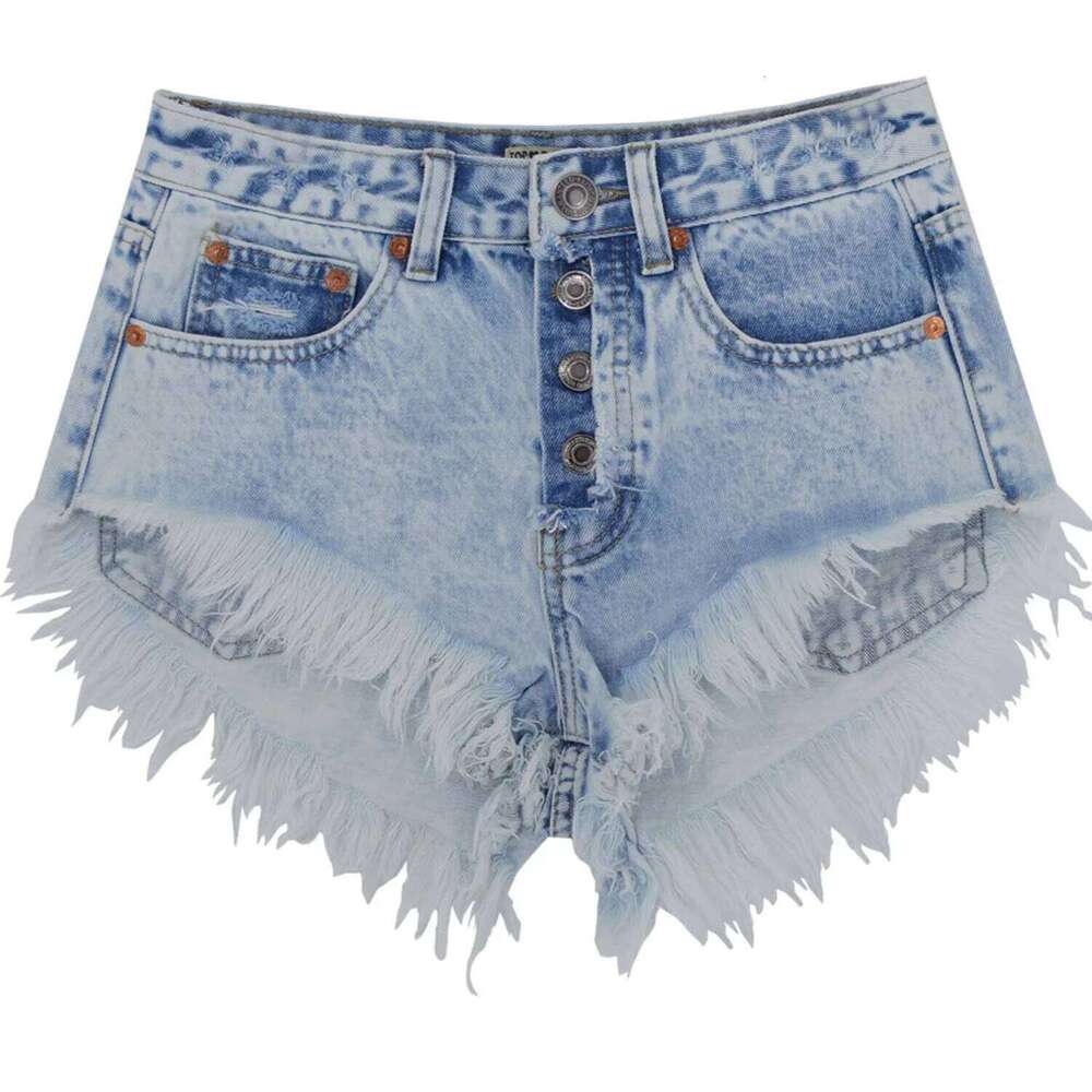 Summer High Waist Button Washed with Fur Edges Denim Shorts Jeans XJ260305-image-1096304366