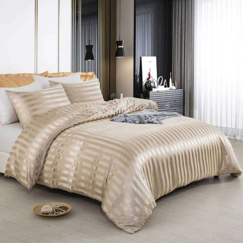 Satin Striped Twin/Full/Queen/King/Single/Double Size Set, Luxury Silky Like Khaki Stripe Duvet Cover Bedding Set C260304-image-1096251391