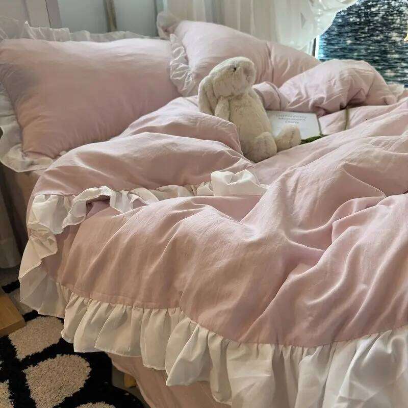 Ins Pink Princess Bedding Set with Ruffles Solid Color Soft Girls Boys Duvet Cover No Filler Pillowcase 3 or 4 pcs Bed Sheet C260304-image-1096263706