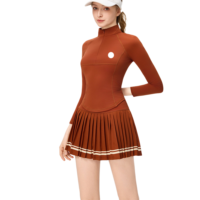 Women Yoga Outfit Set short Skirts Long-sleeved 2-Piece zip-up high-neck T-shirt tennis top Sport Running Skirt Suit High Waist Lined
