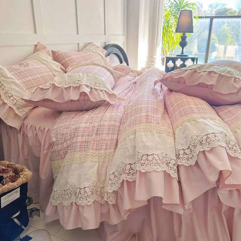 Vintage French Plaid Lace Ruffles 100% Cotton Bedding Duvet Cover Set Bed Sheet/Bed Skirt/Fitted Sheet Pillowcases 4Pcs C260304-image-1096263121