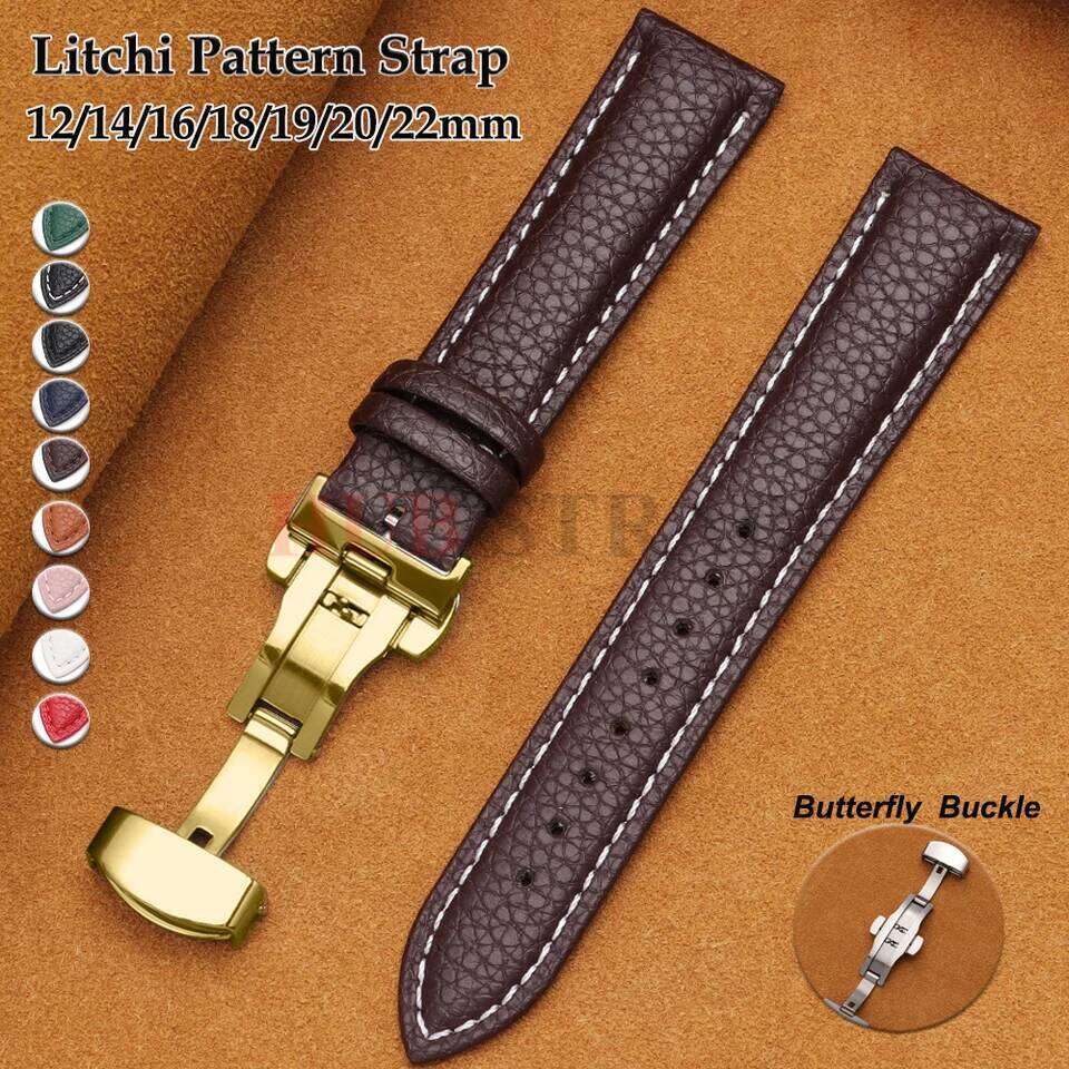 12/14/16/18/19/20/22mm Calfskin Watchbands Litchi Grain Strap Genuine Leather Wristwatch Band Butterfly Buckle Watch Accessories H260304-image-1096266046