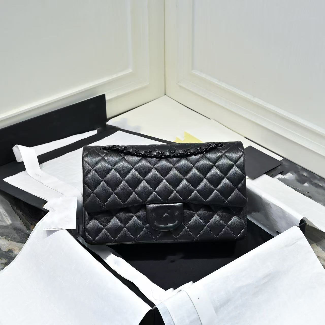 10A Designer Bag Mirror Finish Giant Double Flap Bag Luxury 25cm 20cm Genuine Caviar Lambskin Classic All-Black Quilted Handbag, with Box AS112 Fash