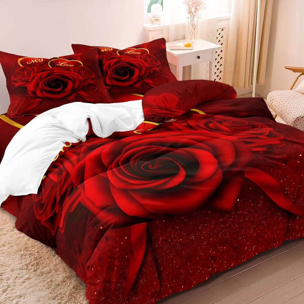 3pcs Romantic Red Rose Love Floral Set Christmas Valentine'S Day Gifts1 Duvet Cover And 2 Pillowcases C260304-image-1096260632