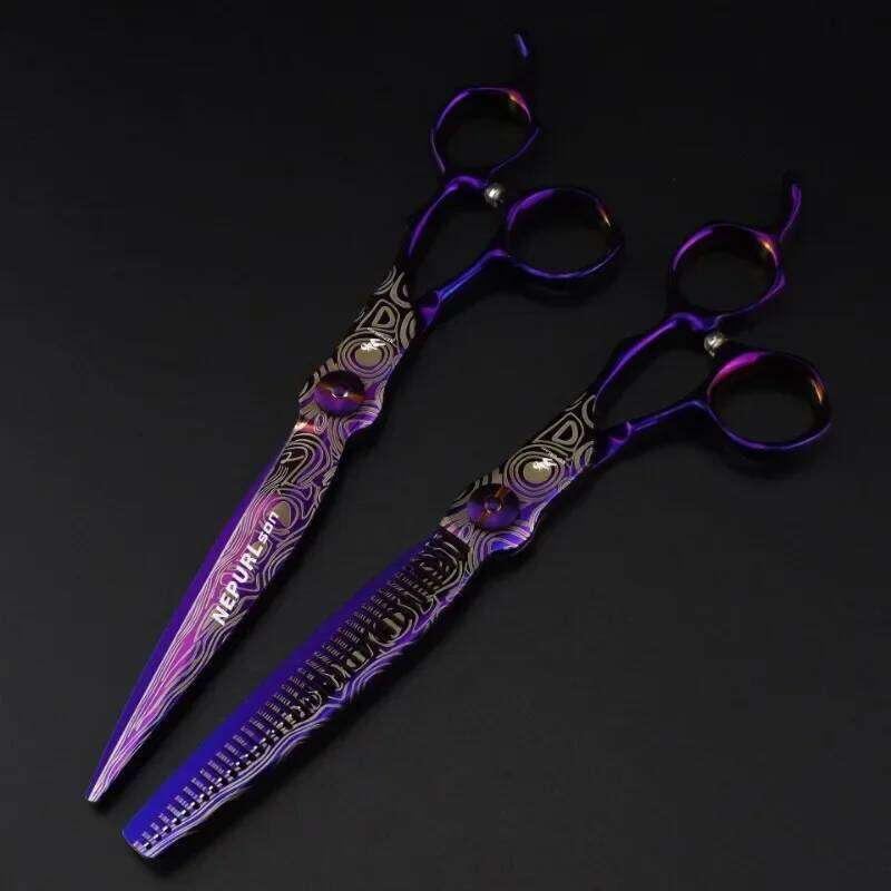 Upscale hair scissors, cutting barber tools, haircut thinning shears, 7 inches purple Damascus scissor H260304-image-1096263650