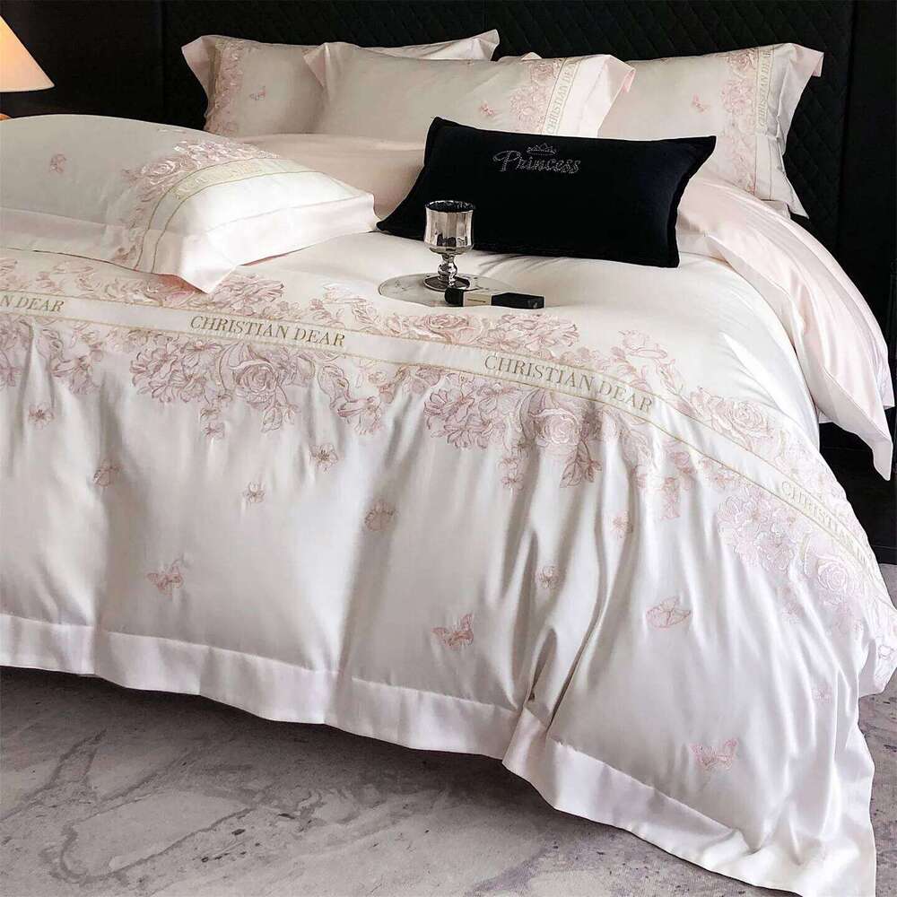 Pink Egyptian Cotton Flowers Embroidery Bedding Set Duvet Bedspread Sheet Pillowcases Mattress Cover King Queen Size C260304-image-1096261560