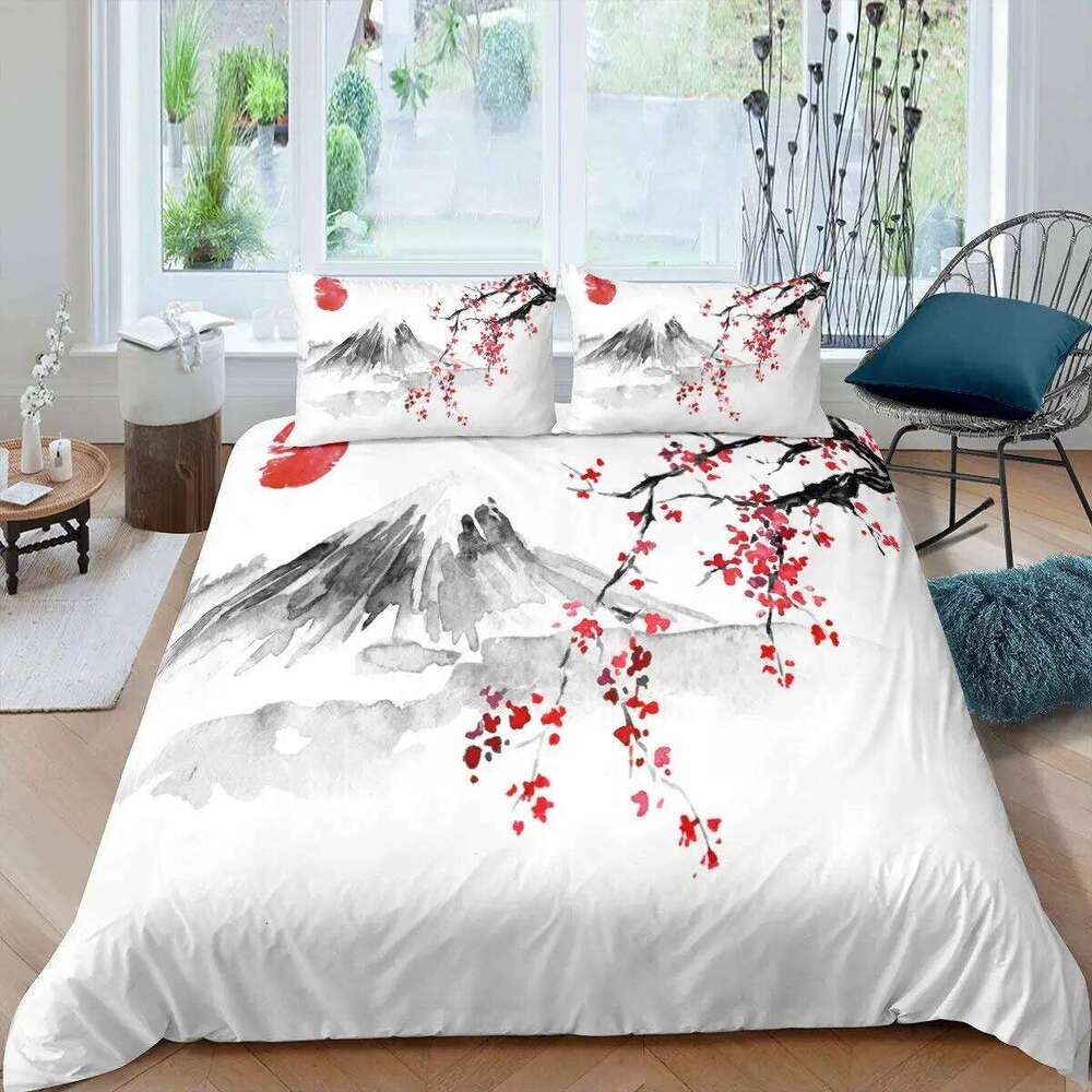 Japanese-Style Duvet Set for Girl Polyester Mount Fuji Comforter Cherry Blossoms Flower Ink Hand Painted Quilt Cover C260304-image-1096254433