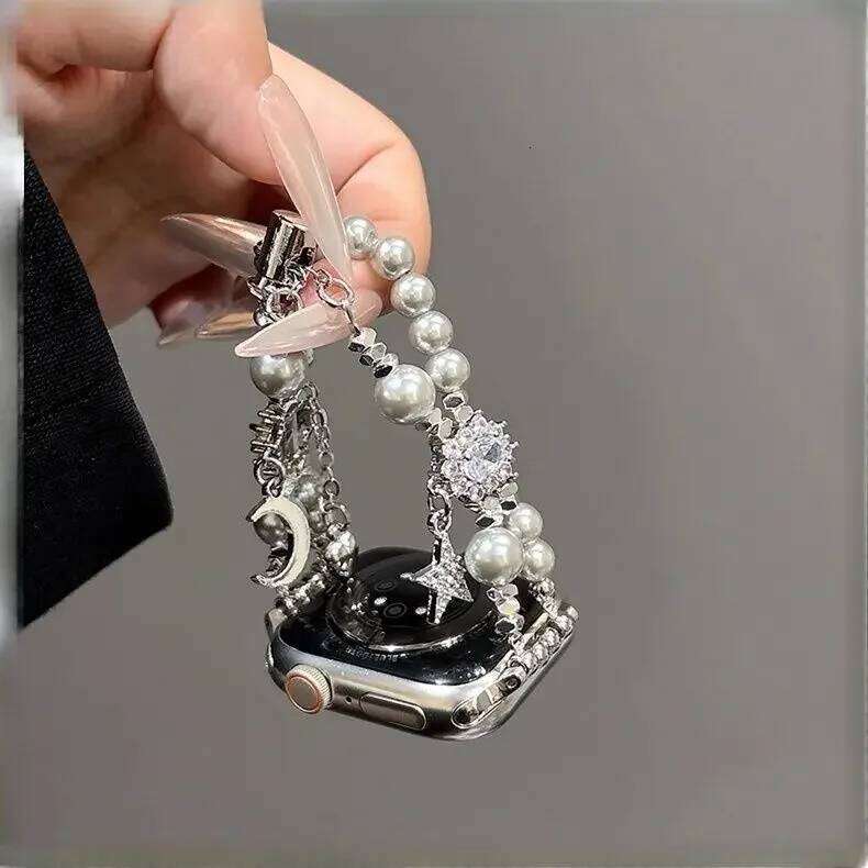 Sparkling Diamond Star Moon Pearl Bead Compatible iWatch 38mm 40mm 41mm 42mm 44mm 45mm 49mm Fashionable Handmade Strap H260304-image-1096265886