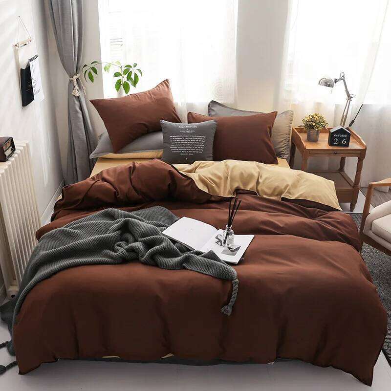 4Pcs Skin Friendly and Brushed Duvet Set, Solid Brown Purple Quilt Cover with Sheet Pillowcases, Luxury Hotel Bedding Set C260304-image-1096260752