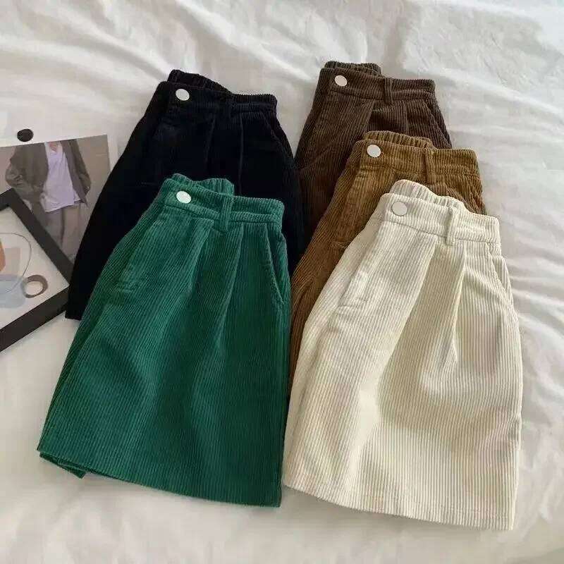 Vintage Corduroy Women's Summer Casual Elastic High Waist Wide Short Pants Solid All-Match Loose Shorts Women XJ260305-image-1096303464
