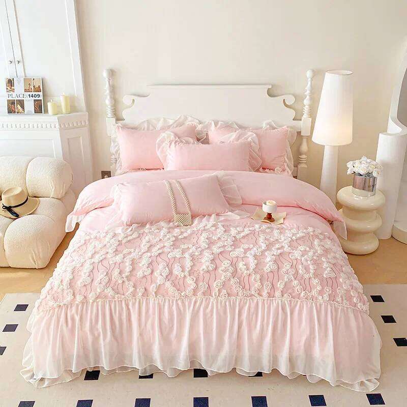 Pink with for Girls Princess Style Duvet Cover Sets Lace Flower Sheet Single/Queen/King Bedding Bed Set C260304-image-1096262334